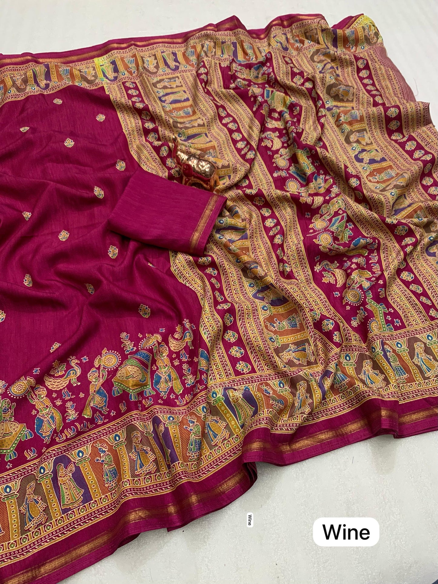 Pure soft Tusser Kashmiri printed saree with Rich Pallu & Fancy Golden Border
