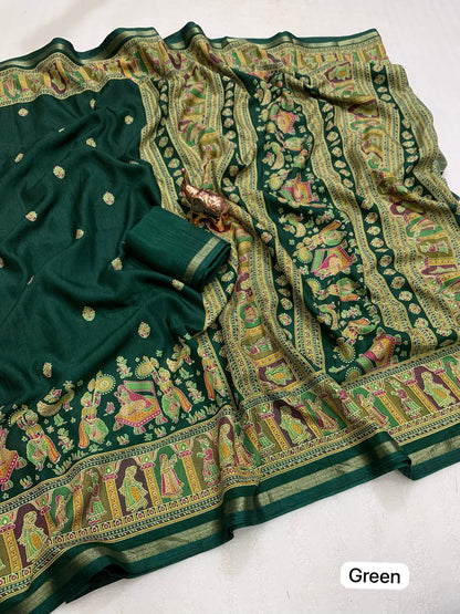 Pure Soft Tussar Silk Saree with Kashmiri Print, Rich Pallu & Fancy Golden Border – Elegant Ethnic Wear | Swaraas.in