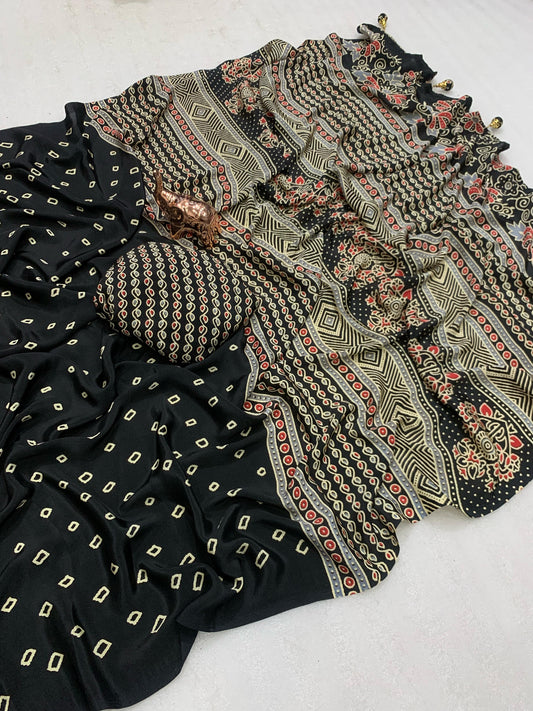 Pure Satin Crepe Ajrakh Printed Saree with Rich Pallu & Heavy Tassels | Ethnic Elegance by Swaraas