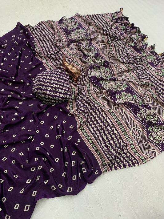 Pure Satin Crepe Ajrakh Printed Saree with Rich Pallu & Heavy Tassels | Ethnic Elegance by Swaraas