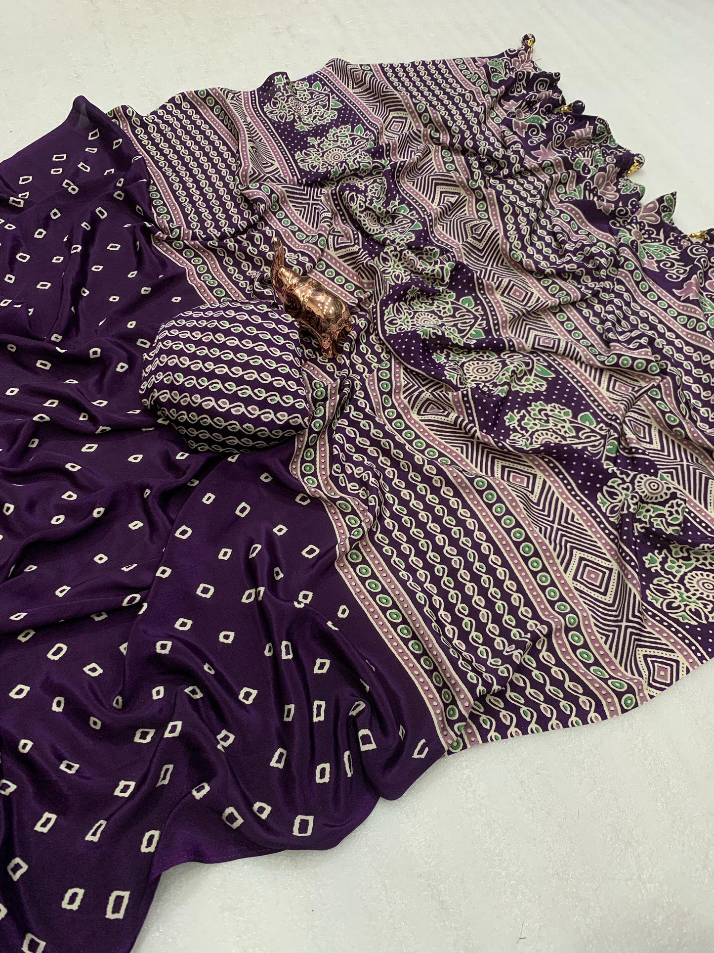 Pure Crape Satin with Ajrak printed Sarees rich Pallu with heavy tussles