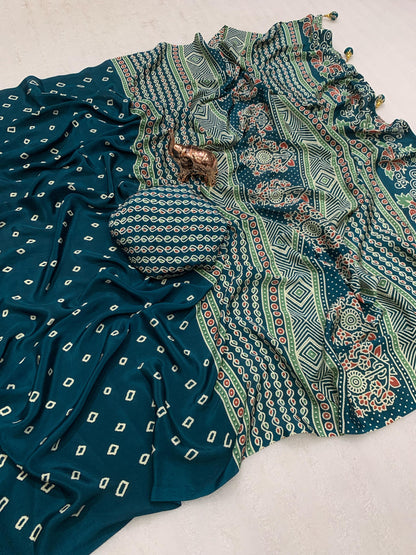 Pure Satin Crepe Ajrakh Printed Saree with Rich Pallu & Heavy Tassels | Ethnic Elegance by Swaraas