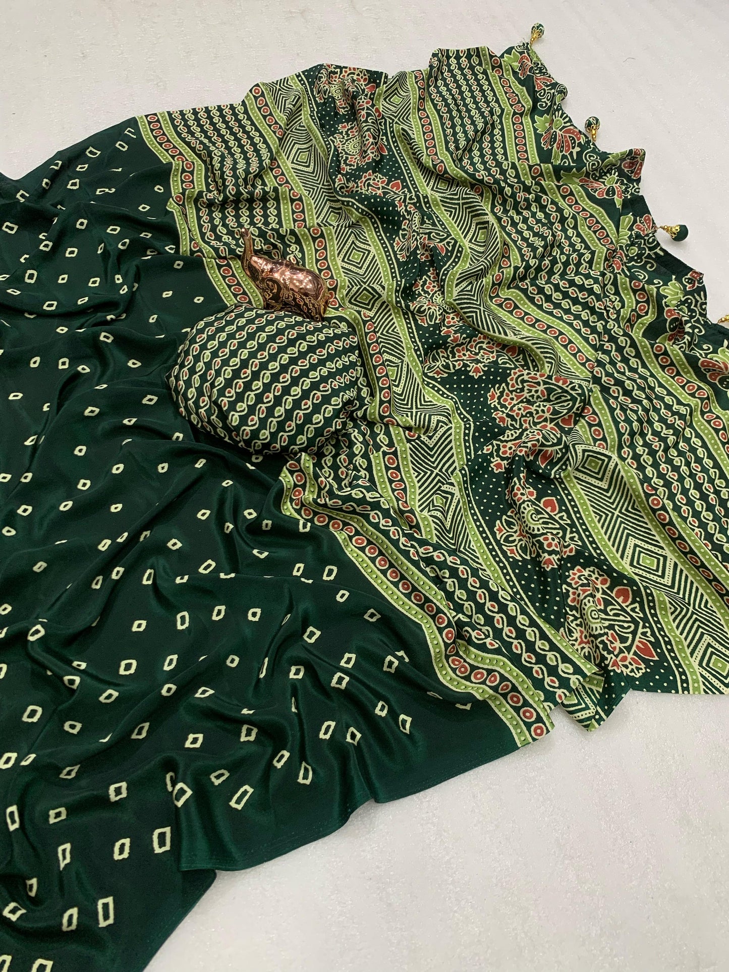 Pure Crape Satin with Ajrak printed Sarees rich Pallu with heavy tussles