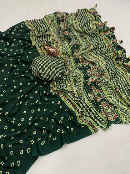 Pure Satin Crepe Ajrakh Printed Saree with Rich Pallu & Heavy Tassels | Ethnic Elegance by Swaraas