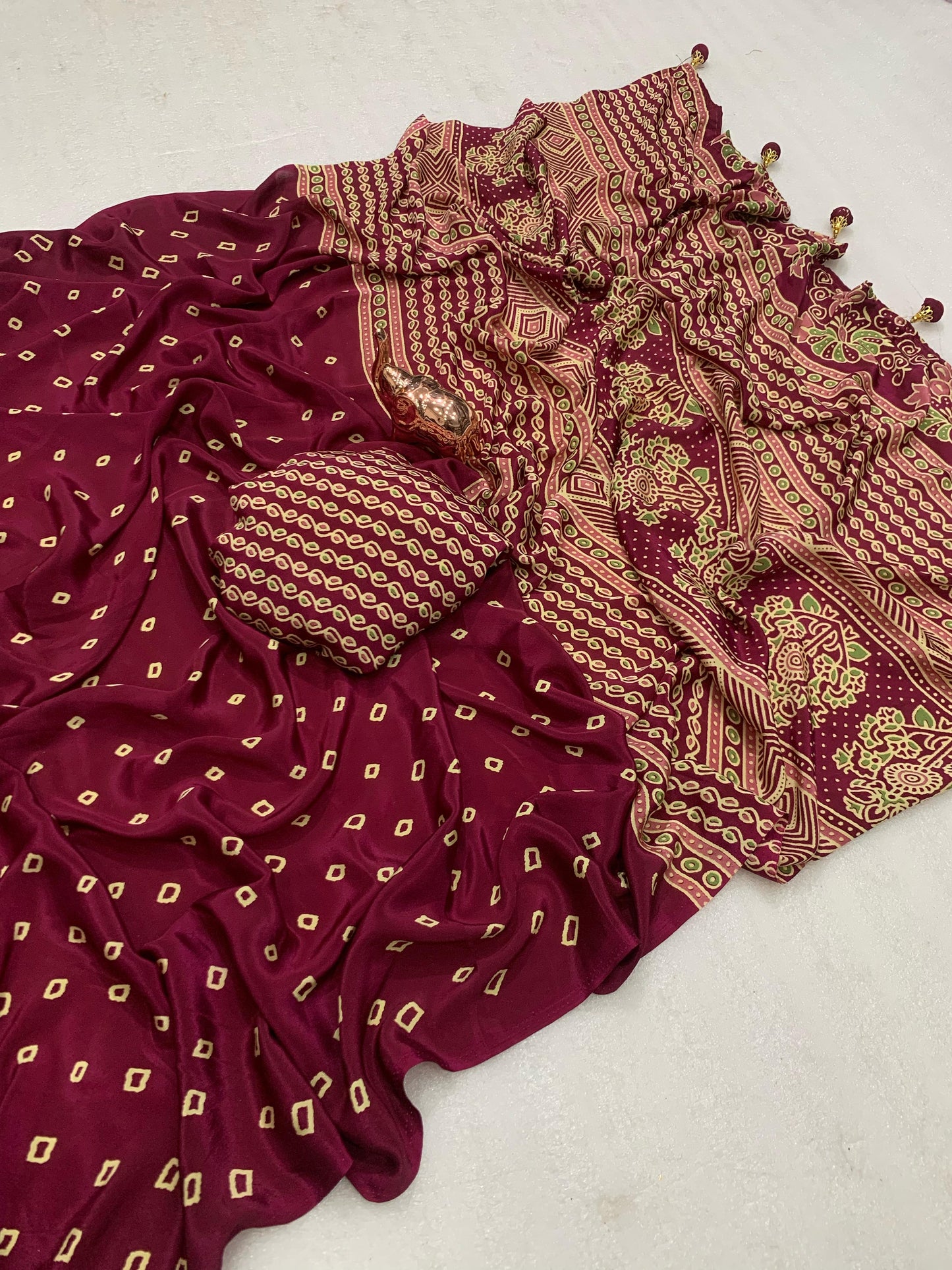 Pure Crape Satin with Ajrak printed Sarees rich Pallu with heavy tussles