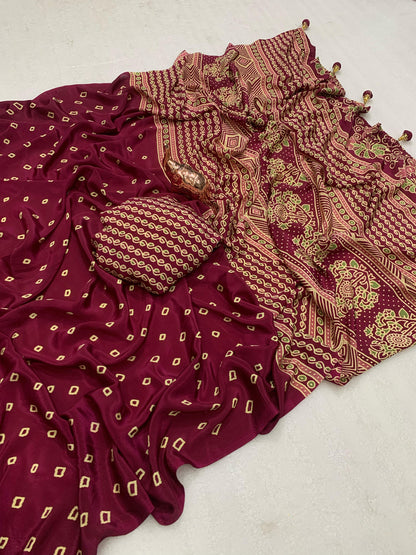 Pure Satin Crepe Ajrakh Printed Saree with Rich Pallu & Heavy Tassels | Ethnic Elegance by Swaraas