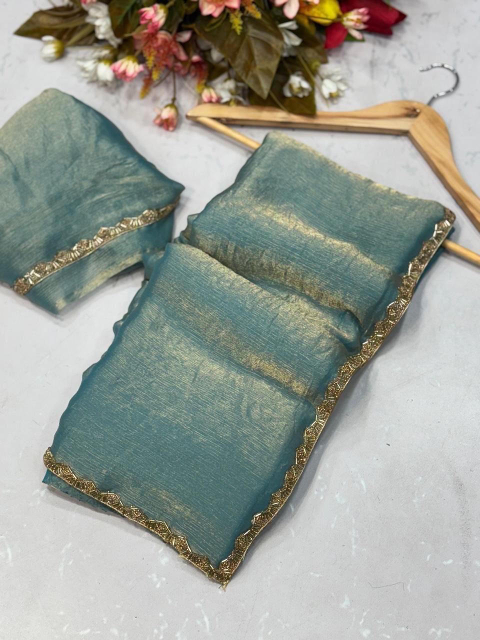 RICH CHIFFON FENDY SOFT FABRIC ALONG WITH BEADS HAND WORK RICH BORDER LOOK