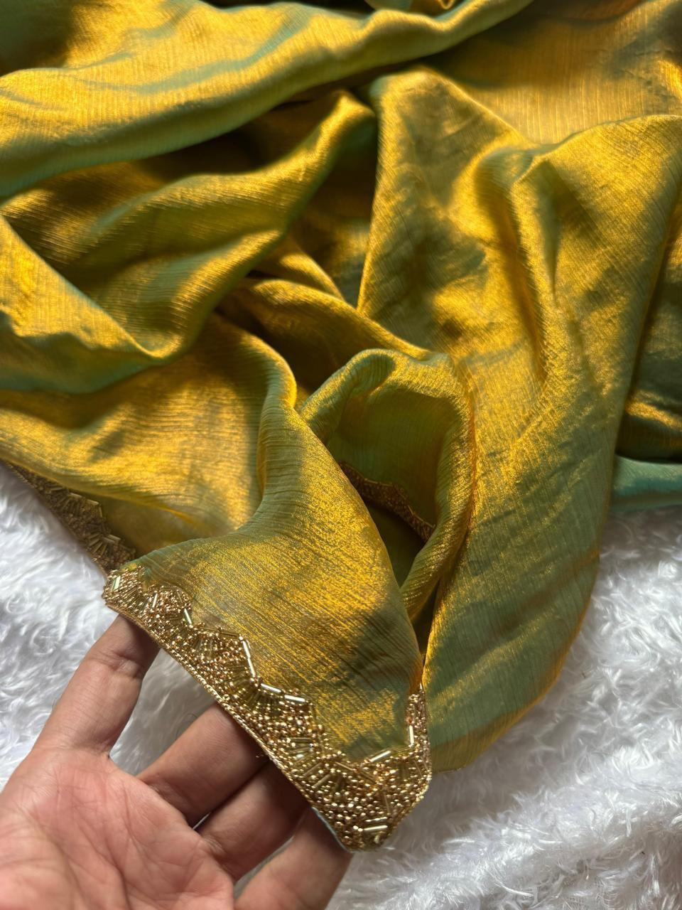 RICH CHIFFON FENDY SOFT FABRIC ALONG WITH BEADS HAND WORK RICH BORDER LOOK