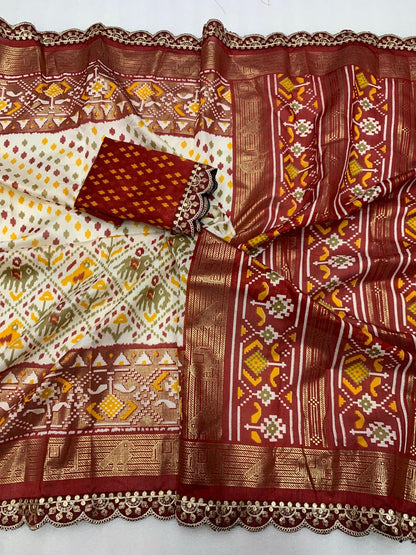 Premium Dola Silk Kalamkari Print Saree with Scallop Maggam & Sequin Lace Work, Foil Printed Pallu & Contrast Blouse | Swaraas.in