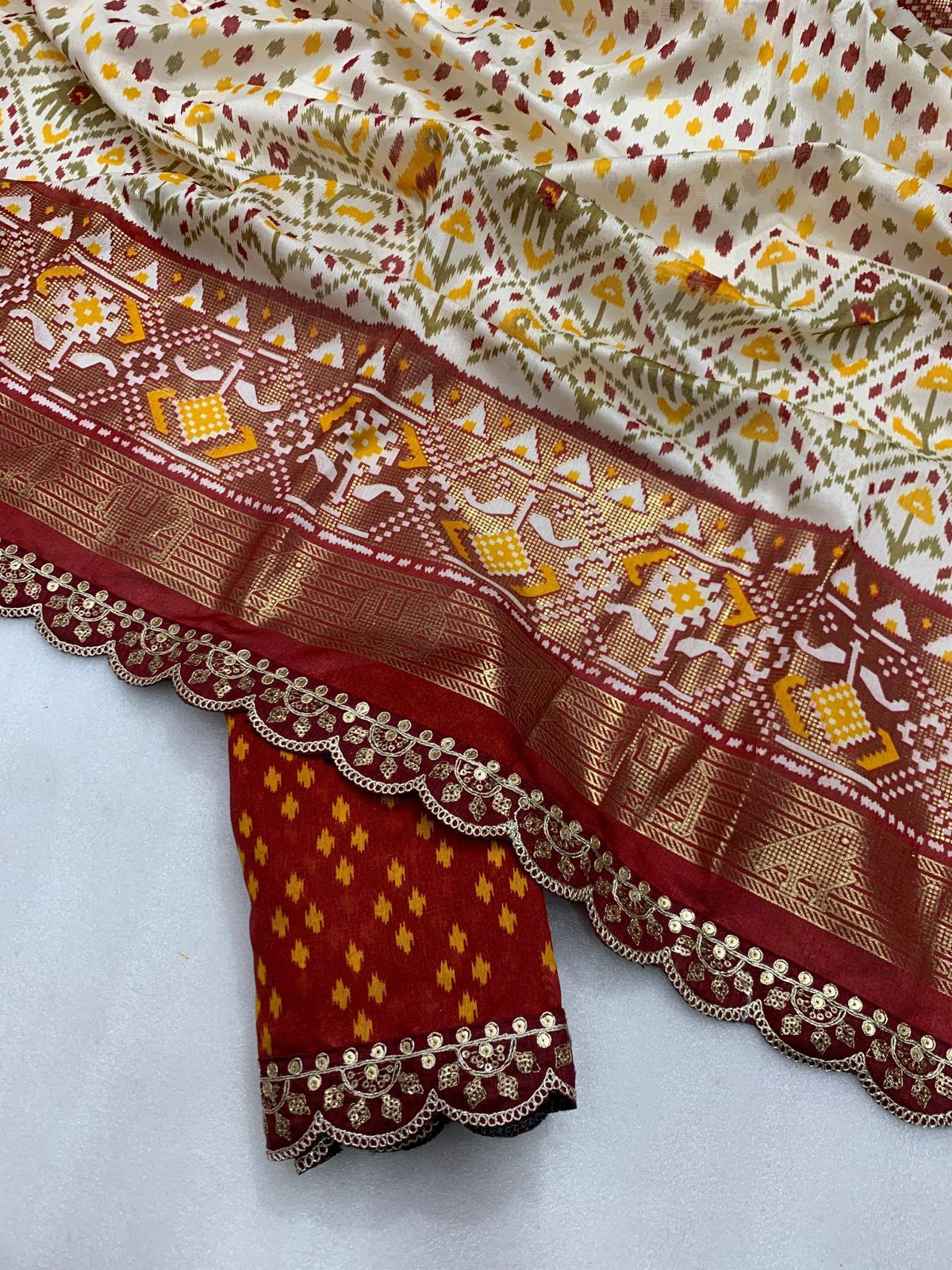 Launching new dola silk kalamkari print with scallop Magam work sequence work Lace At foil printed border & foil printed pallu & contrast foil printed  blouse.