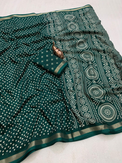 Heavy Mul Cotton Silk Saree with Bandhani Print & Golden Zari Patti Border