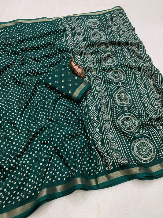 Heavy mul base cotton silk saree with beautiful bandhani printed and golden zari patti border