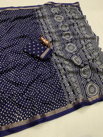 Heavy Mul Cotton Silk Saree with Bandhani Print & Golden Zari Patti Border