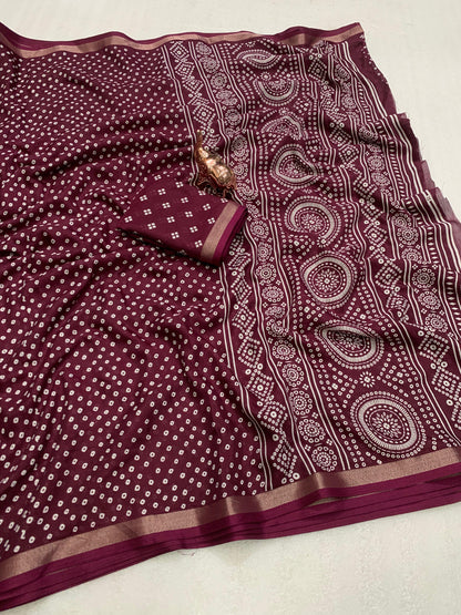 Heavy Mul Cotton Silk Saree with Bandhani Print & Golden Zari Patti Border