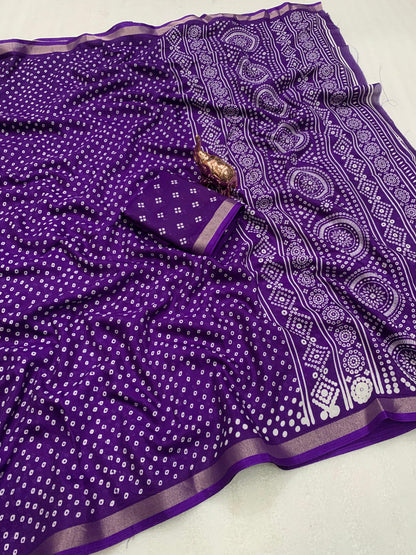 Heavy Mul Cotton Silk Saree with Bandhani Print & Golden Zari Patti Border