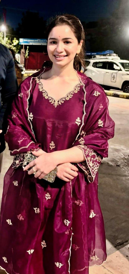 Chanderi Silk Kurti Palazzo Set with Cotton Thread Embroidery & Dupatta