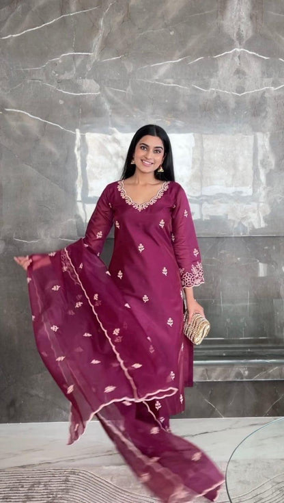 Chanderi Silk Kurti Palazzo Set with Cotton Thread Embroidery & Dupatta