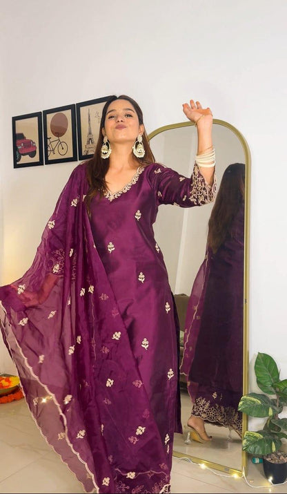 Chanderi Silk Kurti Palazzo Set with Cotton Thread Embroidery & Dupatta