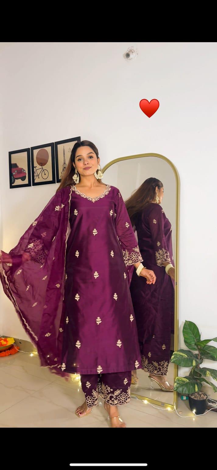 Cotton Thread Embroidery Kurti Palazzo Dupatta set