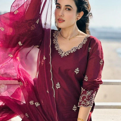 Chanderi Silk Kurti Palazzo Set with Cotton Thread Embroidery & Dupatta