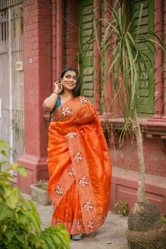 Soft Paper Crush Silk Saree with Embroidered C-Pallu & Contrast Phantom Silk Blouse