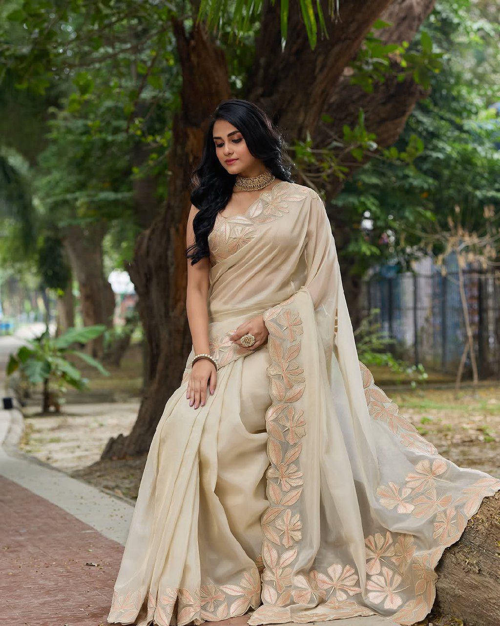 -Pure Bright orgenza silk with 3mm sequins embroidery work and  designer arco cut border