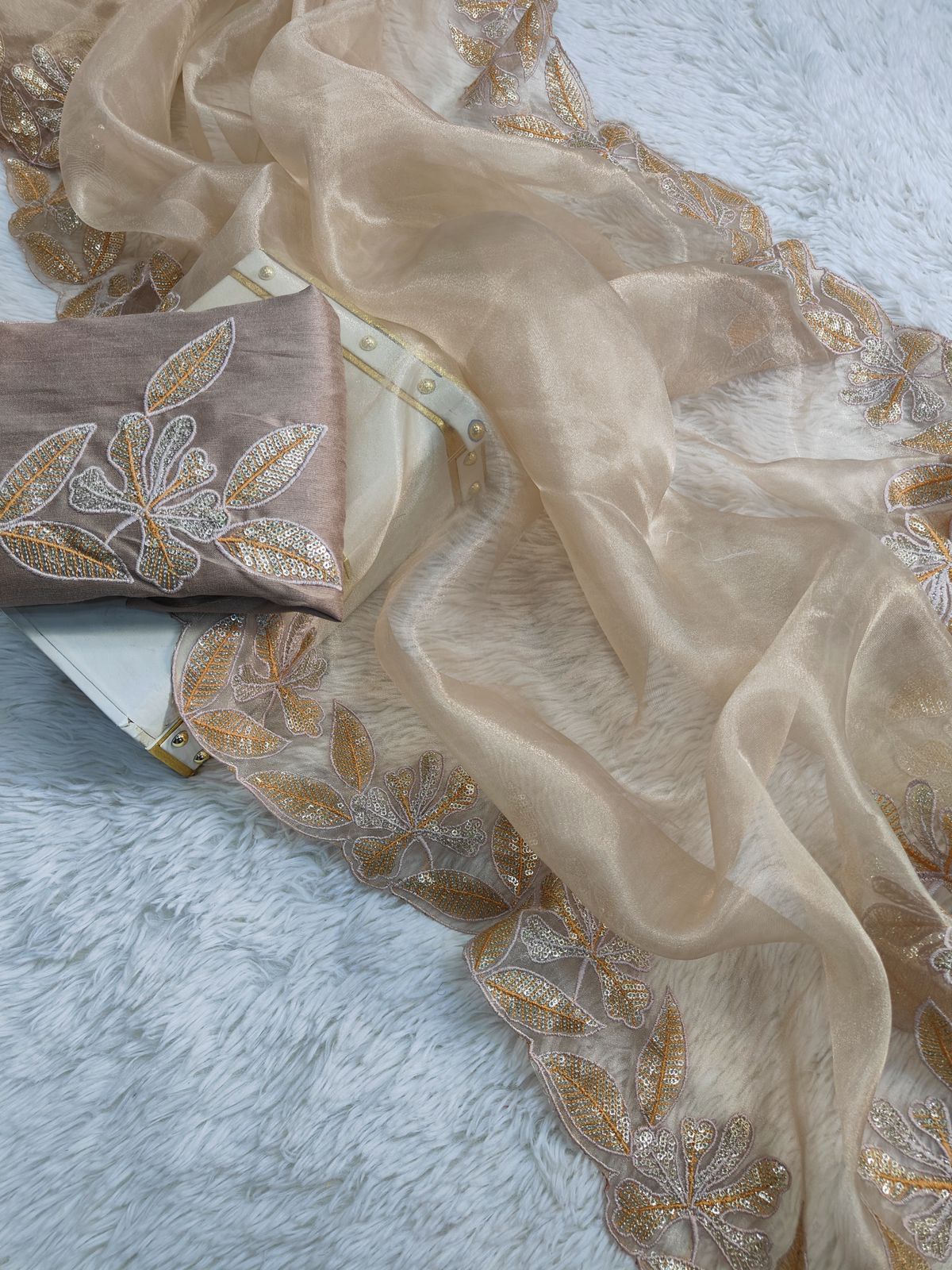 -Pure Bright orgenza silk with 3mm sequins embroidery work and  designer arco cut border