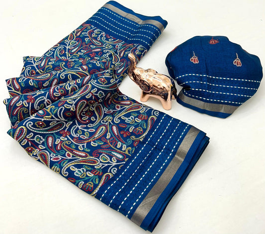 Soft Cotton Crape Printed Saree with Elegant Katha Thread Work border – 6.3 Meters