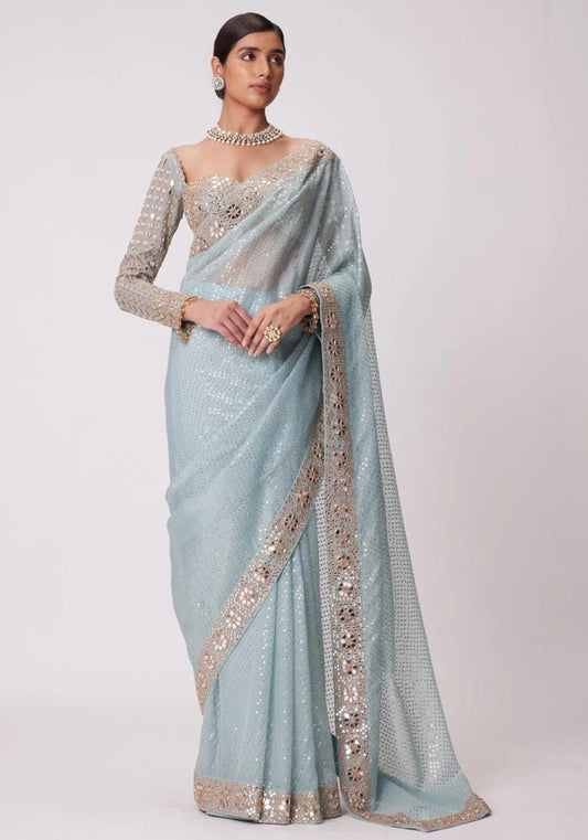 Original Mirror Work Georgette Saree with Embroidered Lace Border & Designer Blouse – 6.3 Meters