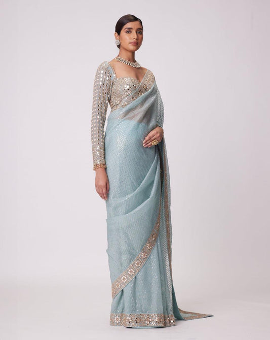 Original Mirror Work Georgette Saree with Embroidered Lace Border & Designer Blouse – 6.3 Meters