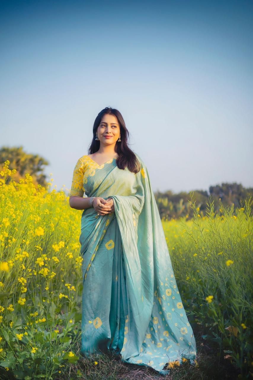 Pure Chanderi Cotton Shibori Saree with Hand-Tied Contrast Pattern & Matching Shibori Border