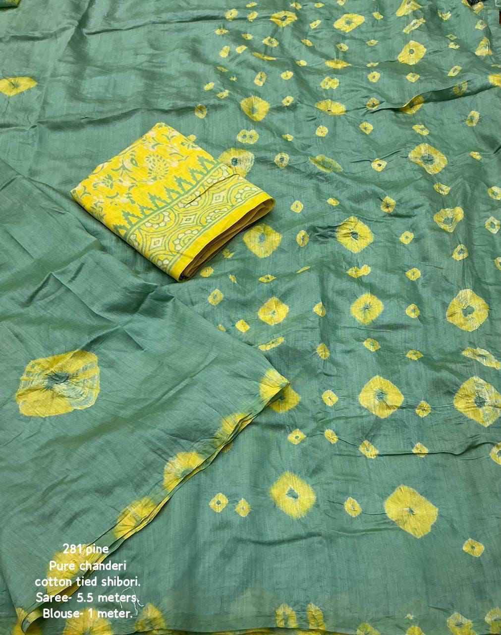 Pure Chanderi Cotton Shibori Saree with Hand-Tied Contrast Pattern & Matching Shibori Border