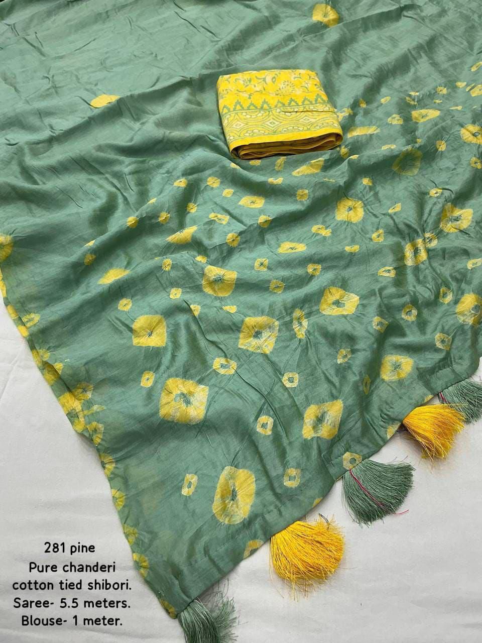 Pure Chanderi Cotton Shibori Saree with Hand-Tied Contrast Pattern & Matching Shibori Border