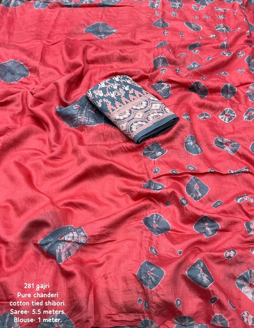 Pure Chanderi Cotton Shibori Saree with Hand-Tied Contrast Pattern & Matching Shibori Border