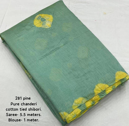 Pure Chanderi Cotton Shibori Saree with Hand-Tied Contrast Pattern & Matching Shibori Border