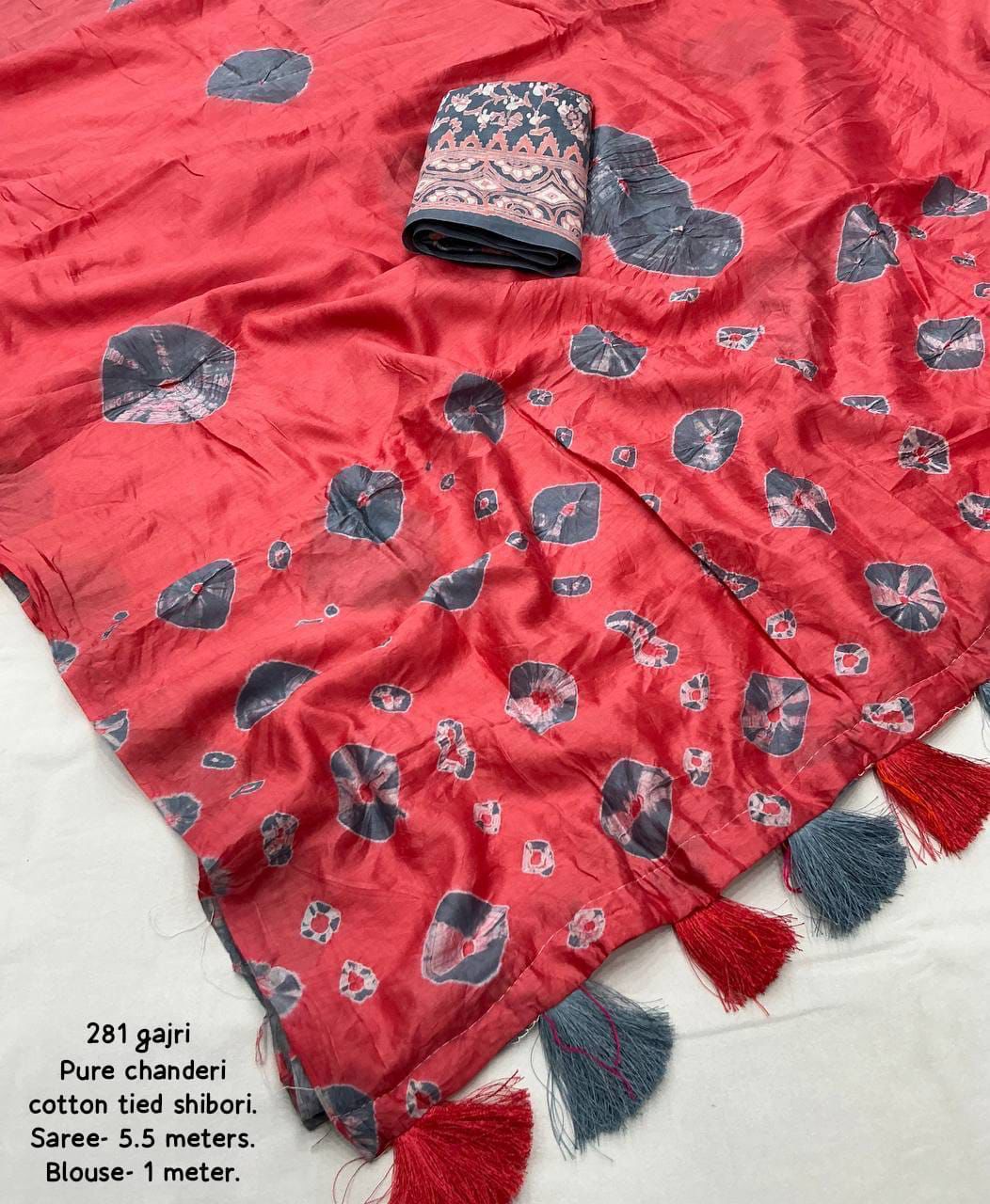 Pure Chanderi Cotton Shibori Saree with Hand-Tied Contrast Pattern & Matching Shibori Border
