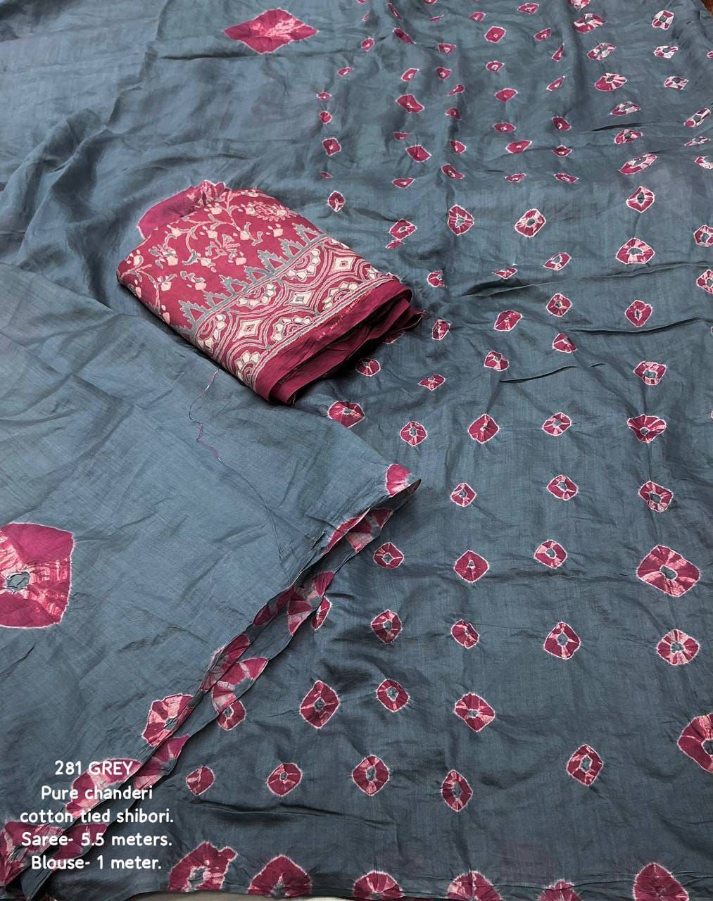 Pure Chanderi Cotton Shibori Saree with Hand-Tied Contrast Pattern & Matching Shibori Border