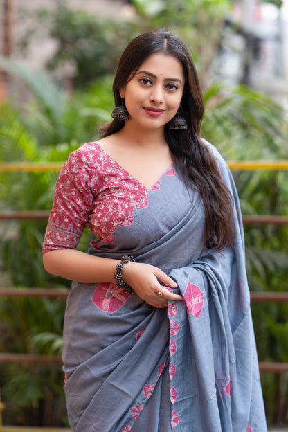 Pure Chanderi Cotton Shibori Saree with Hand-Tied Contrast Pattern & Matching Shibori Border