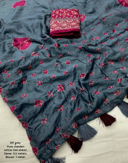 Pure Chanderi Cotton Shibori Saree with Hand-Tied Contrast Pattern & Matching Shibori Border