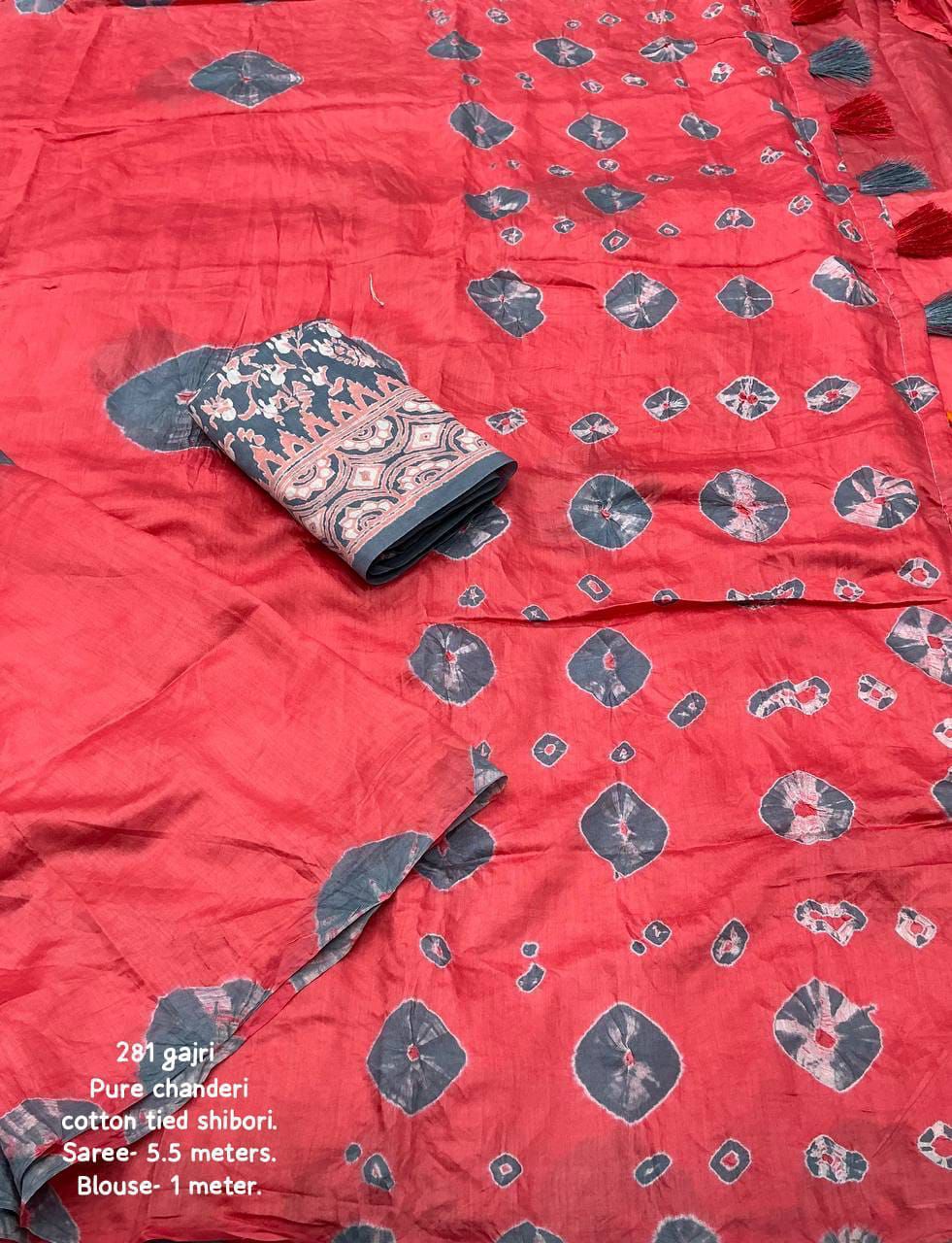 Pure Chanderi Cotton Shibori Saree with Hand-Tied Contrast Pattern & Matching Shibori Border