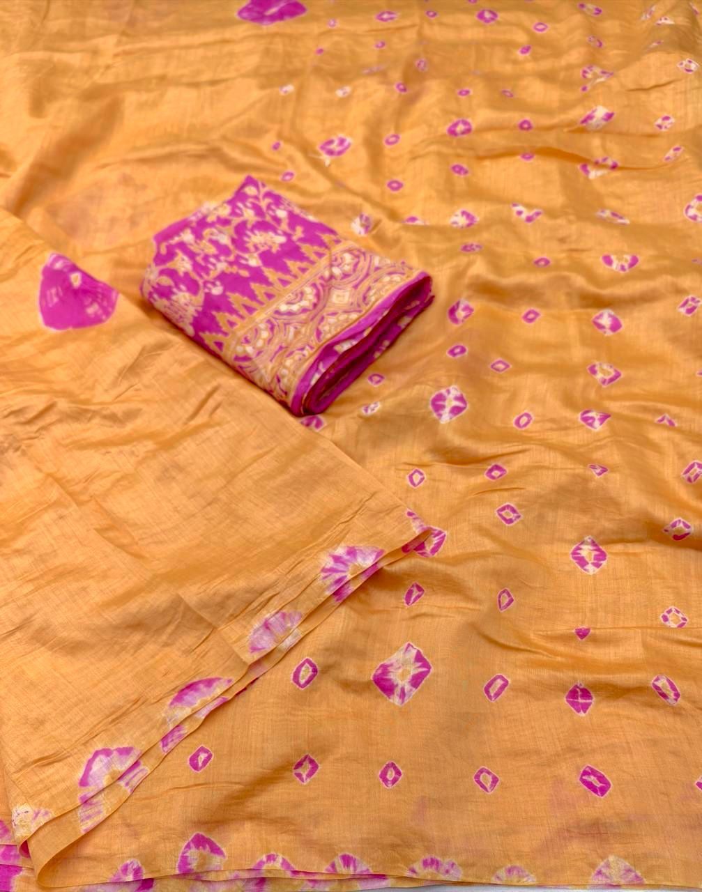 Pure Chanderi Cotton Shibori Saree with Hand-Tied Contrast Pattern & Matching Shibori Border