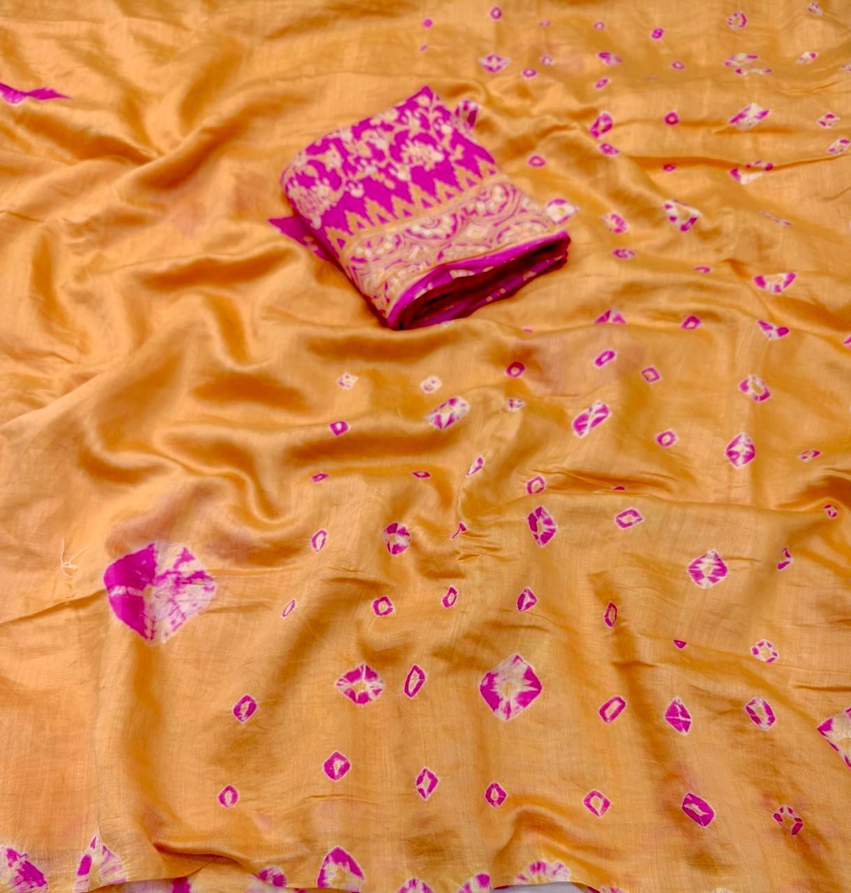 Pure Chanderi Cotton Shibori Saree with Hand-Tied Contrast Pattern & Matching Shibori Border