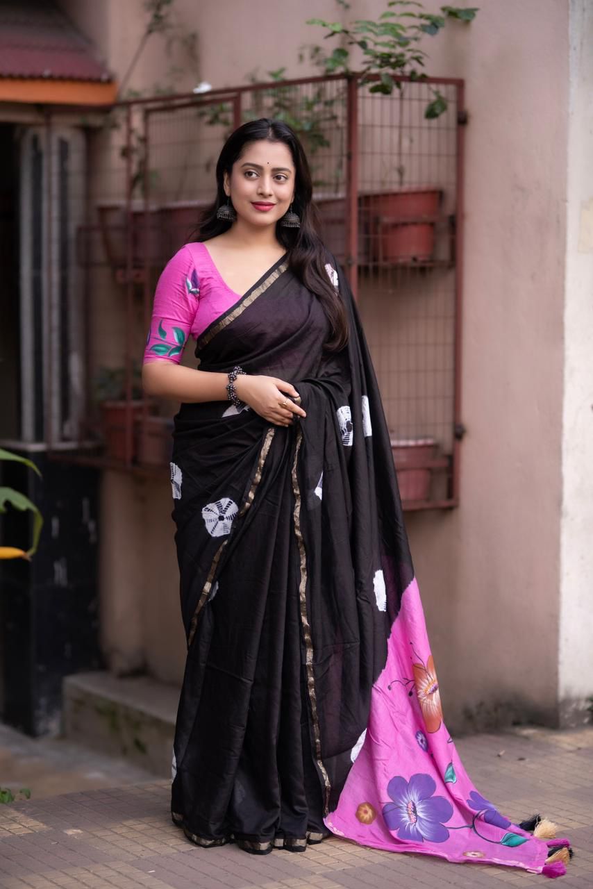 Pure Chanderi Cotton Saree with Batik Butta, Hand-Painted Pallu & Zari Woven Border
