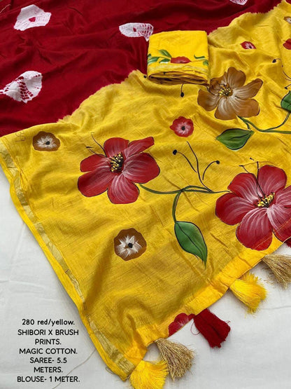 Pure Chanderi Cotton Saree with Batik Butta, Hand-Painted Pallu & Zari Woven Border