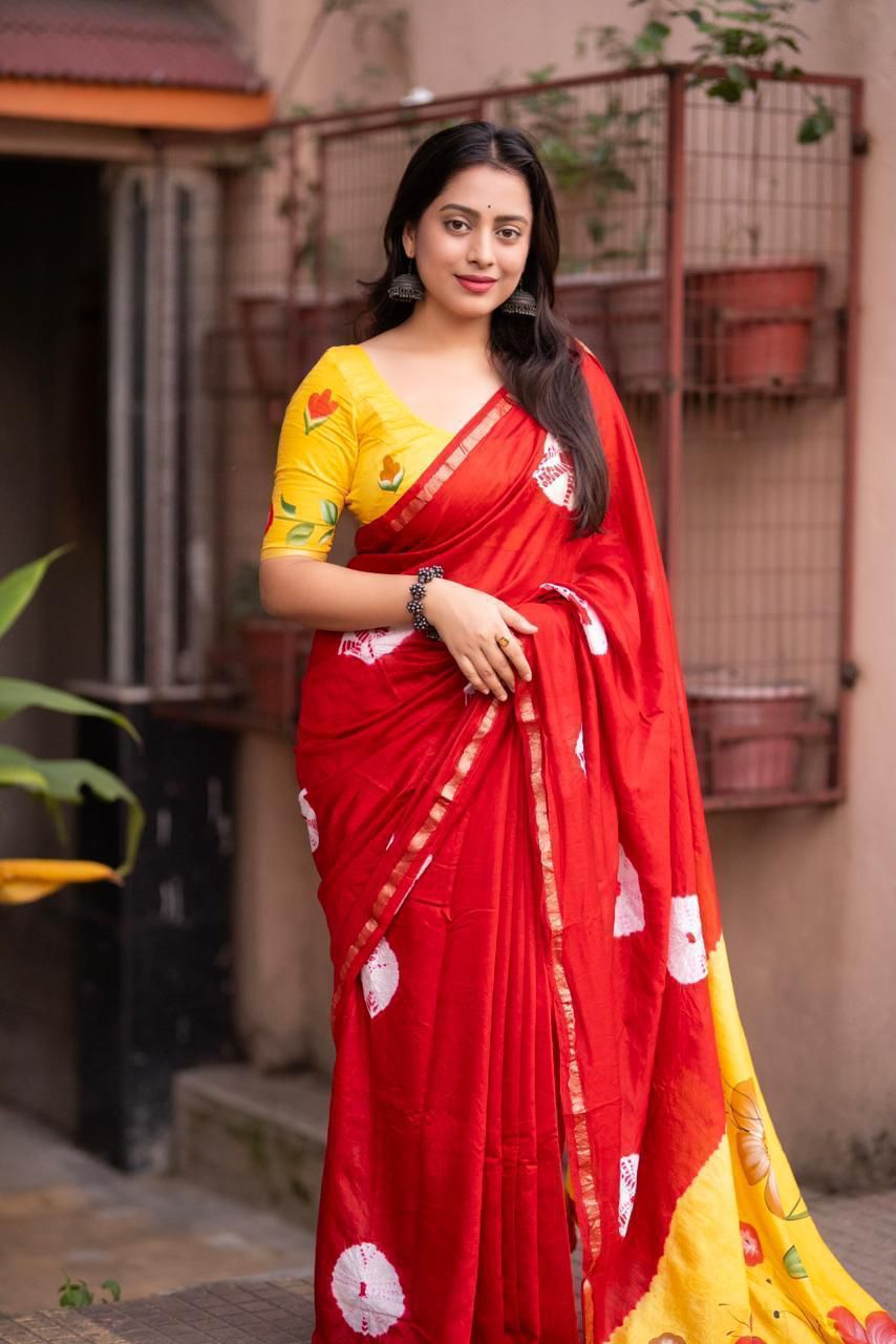 Pure Chanderi Cotton Saree with Batik Butta, Hand-Painted Pallu & Zari Woven Border