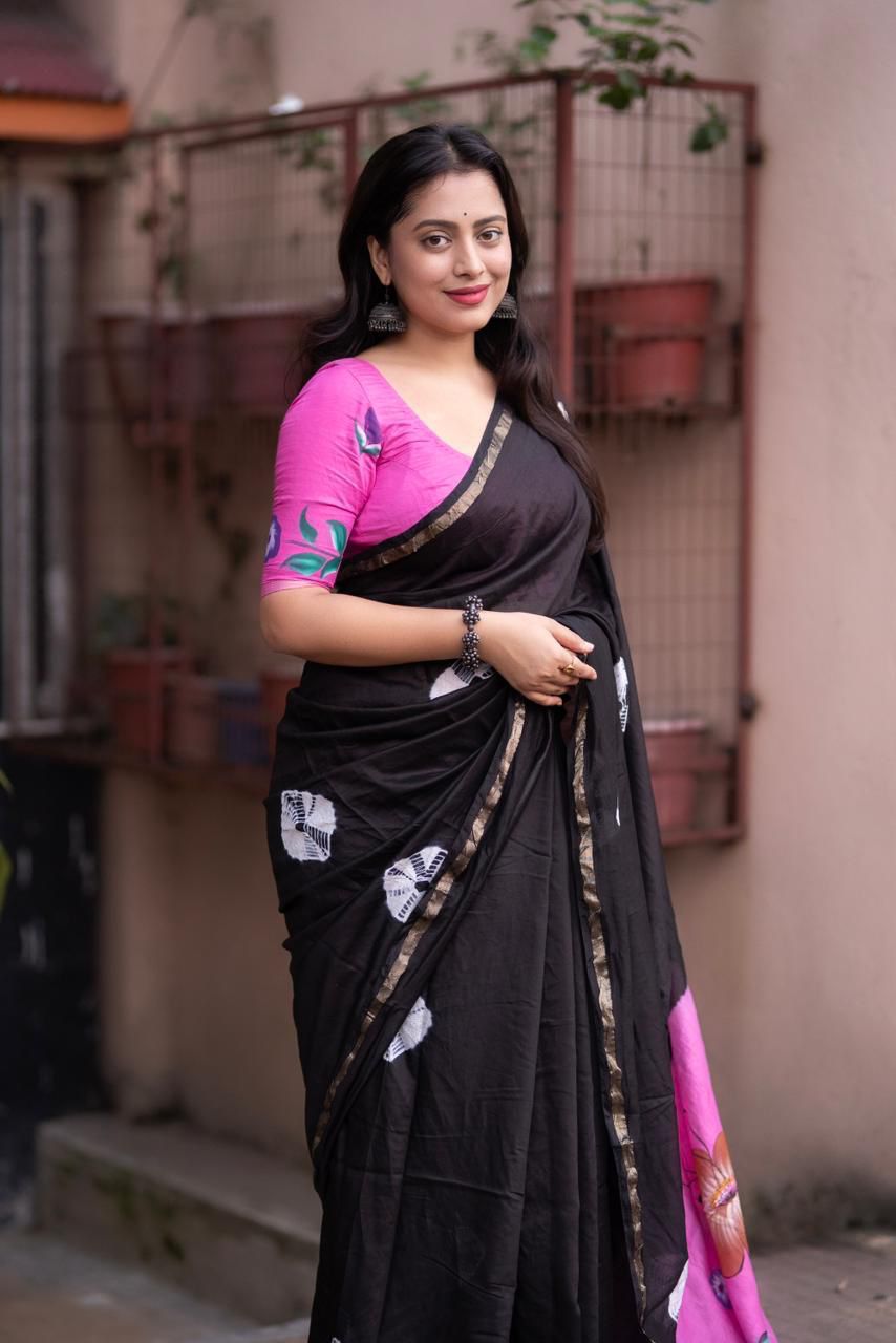 Pure Chanderi Cotton Saree with Batik Butta, Hand-Painted Pallu & Zari Woven Border