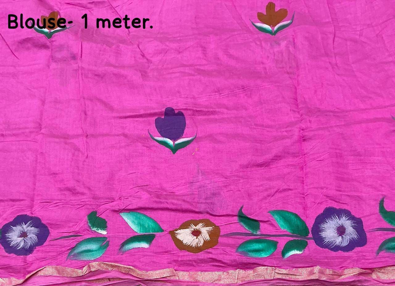 Pure Chanderi Cotton Saree with Batik Butta, Hand-Painted Pallu & Zari Woven Border