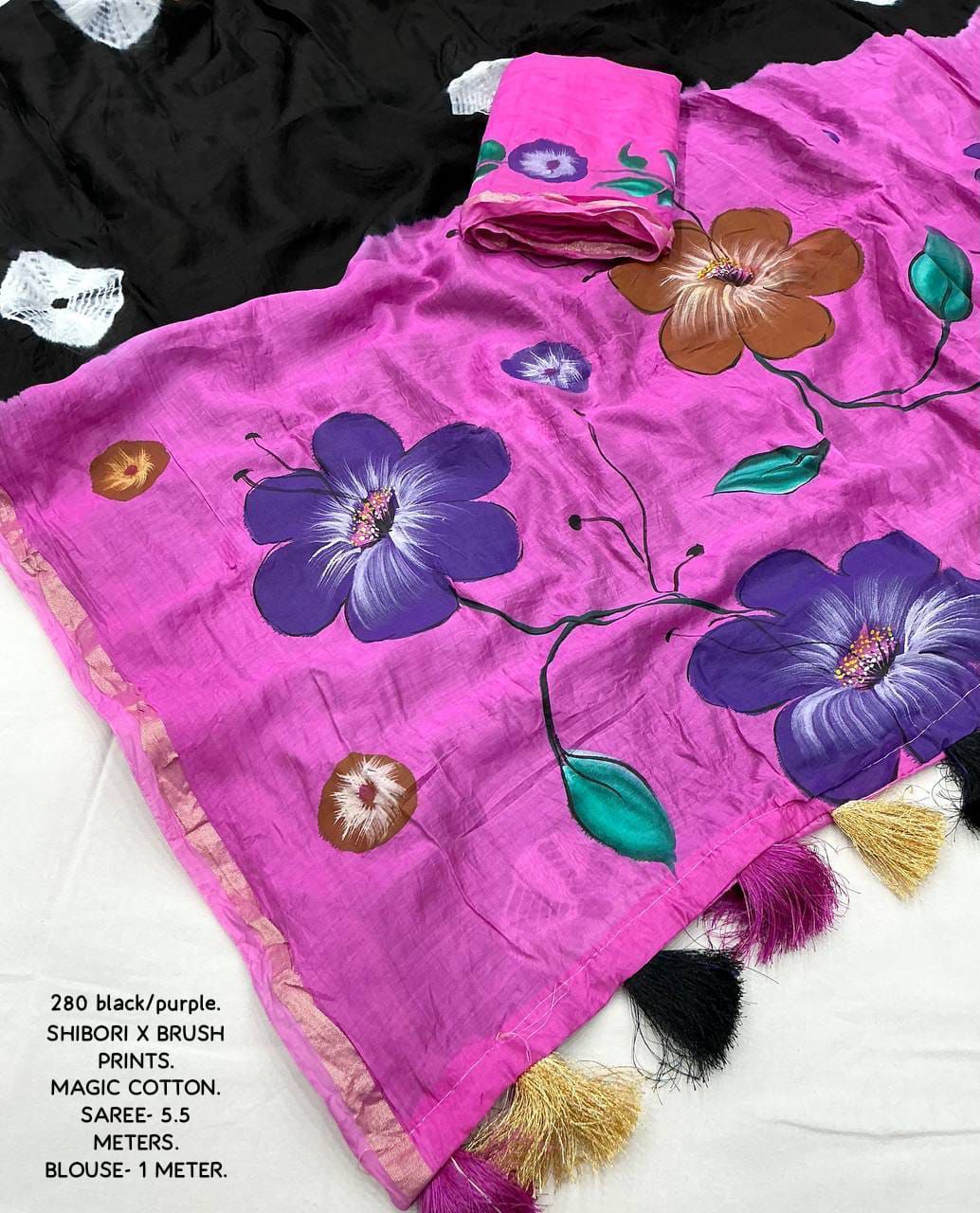 Pure Chanderi Cotton Saree with Batik Butta, Hand-Painted Pallu & Zari Woven Border