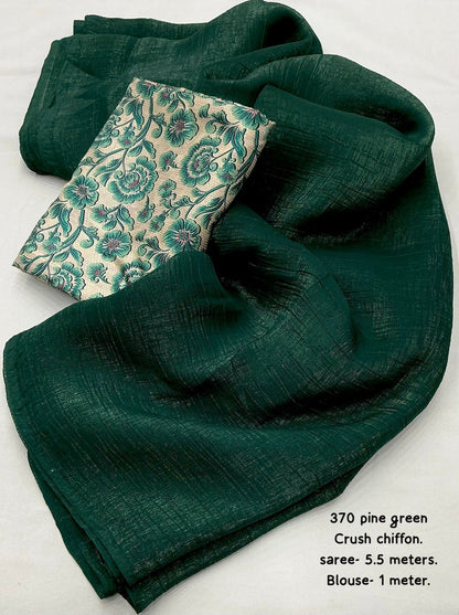 Solid Crush Chiffon Saree with Printed Crepe Silk Blouse – Elegant & Lightweight Drape