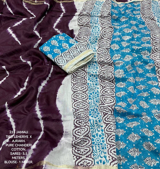 Soft Pure Chanderi Cotton Leheriya Tie-Dye Saree with Ajrakh Pallu & Cotton Tassels – 5.5 Meters